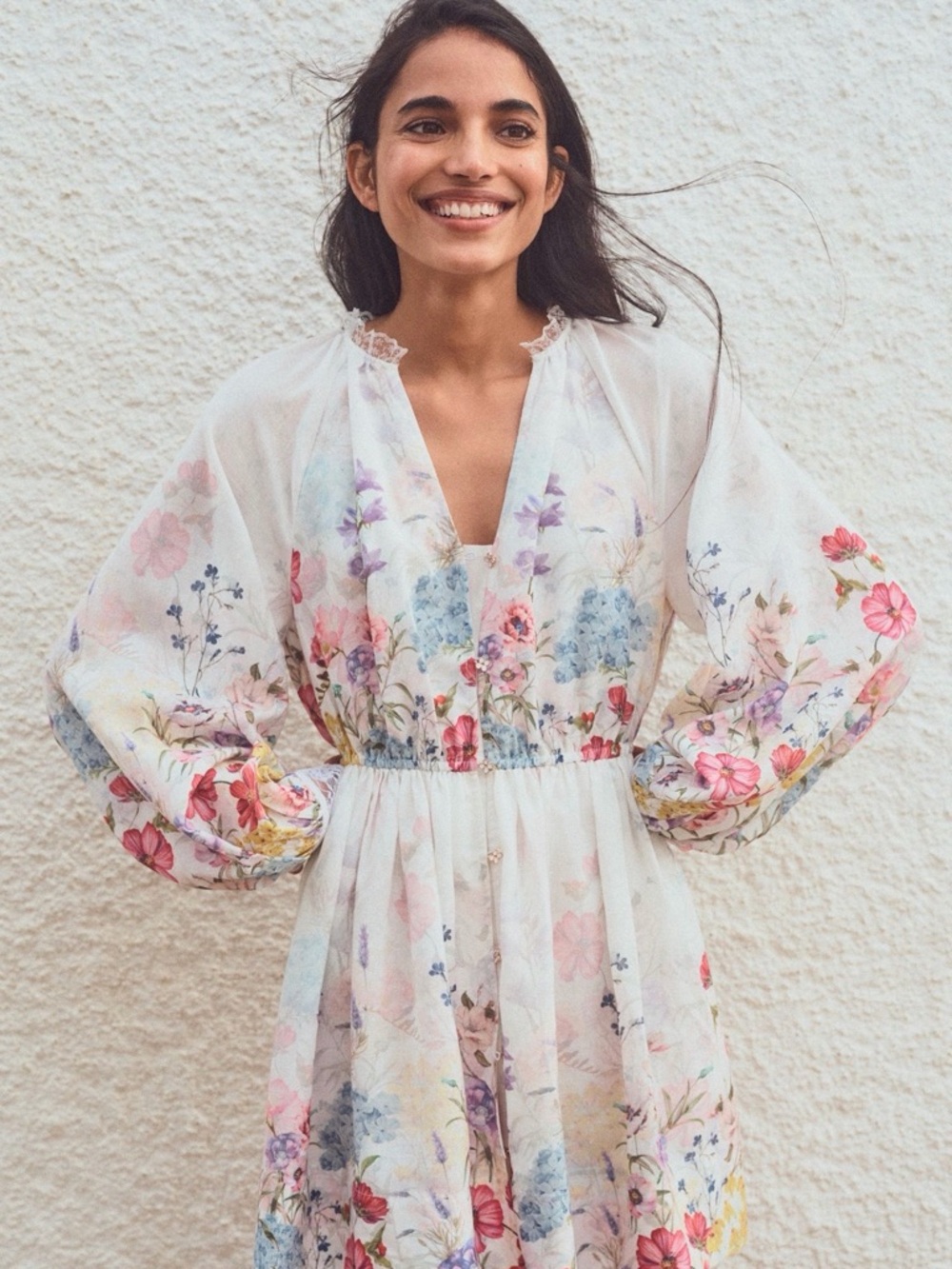 Anthropologie White Sheer Floral V-Neck Maxi Dress